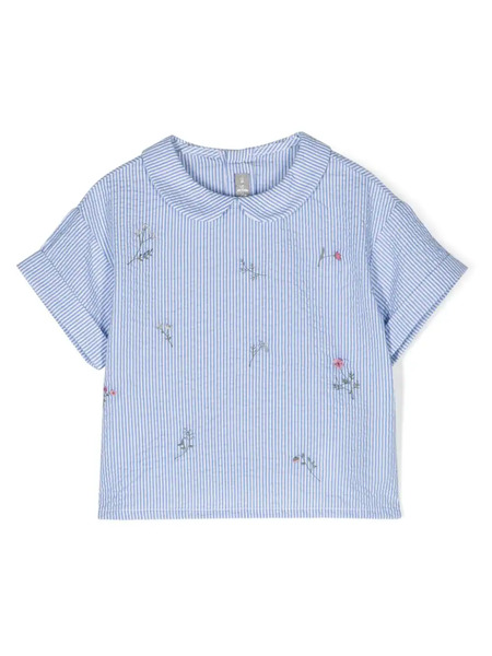 Il Gufo Floral-embroidered Striped Blouse - Blue 