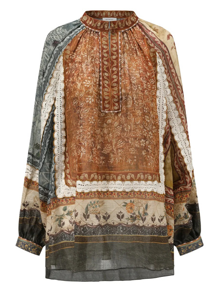  Into The East Patchwork-motif Top - Brown 