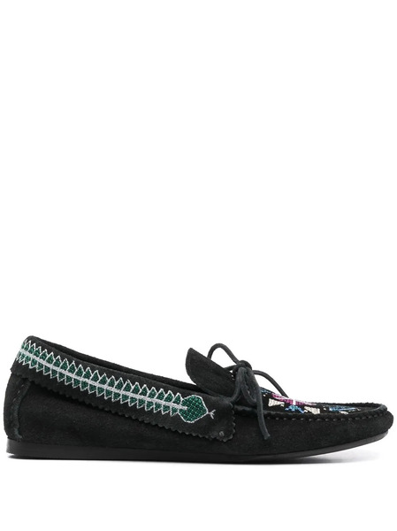  Isabel Marant Embroidered Suede Loafers - Black 