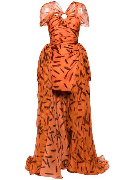  Isabel Sanchis Feather-print Draped Silk Gown - Orange 