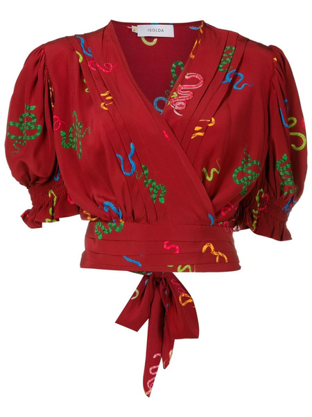  Isolda Lena Motif-print Wrap Blouse - Red 