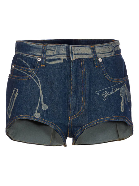  Jean Paul Gaultier Denim Printed Mini Shorts - Blue 