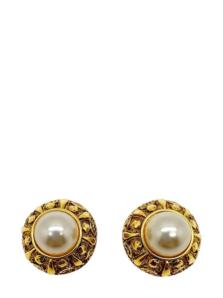 Jennifer Gibson Jewellery Vintage French Couture Etruscan Galleried Half Pearl Earrings 1980s - Gold 