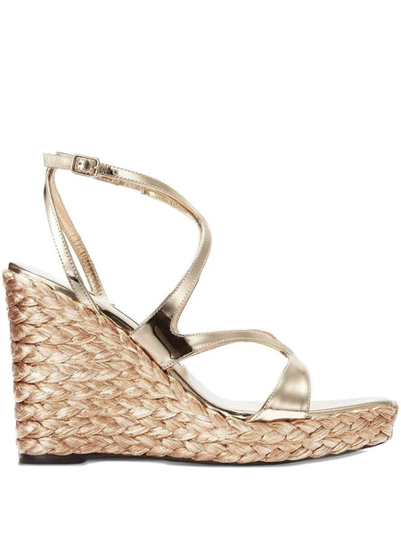  Jimmy Choo 85mm Ayla Metallic Cross-strap Wedge Sandals - Gold 