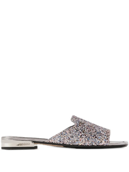  Jimmy Choo Nako Glitter Logo Strap Sandals - Silver 