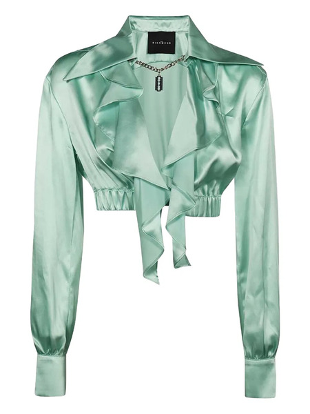  John Richmond Ruffled Silk Cropped Shirt - Green 