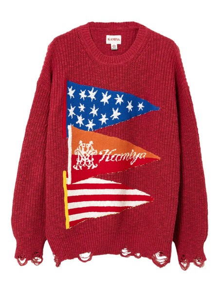  Kamiya Flag Frayed Sweater - Red 