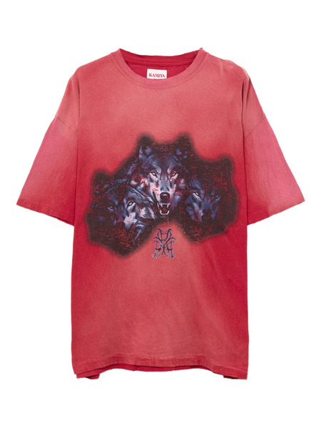  Kamiya Wolf-print Distressed T-shirt - Red 