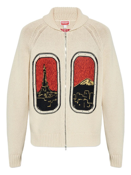  Kenzo Eiffel Tower Mount Fuji Wool Cardigan - Neutrals 