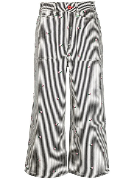  Kenzo Floral Embroidered Striped Cropped Jeans - Black 