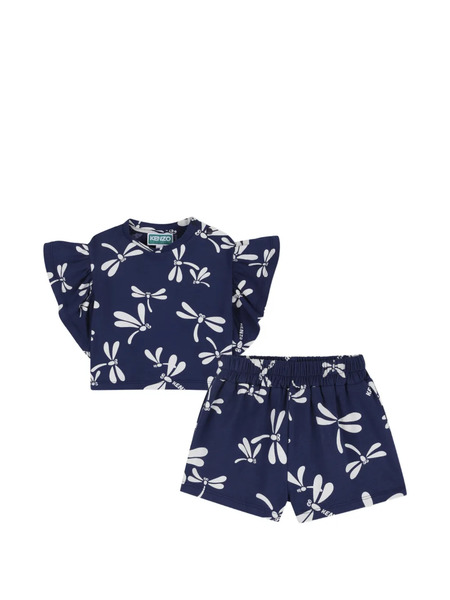  Kenzo Kids Ruffled Dragonfly-print Shorts Set - Blue 