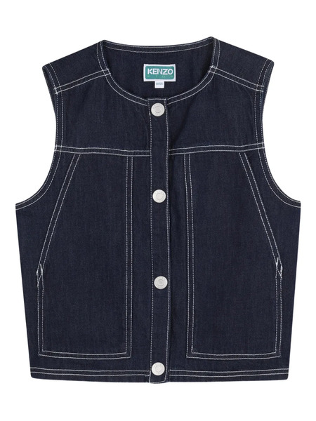  Kenzo Kids Topstitched Buttoned Denim Waistcoat - Blue 