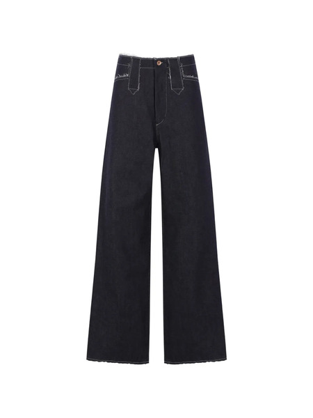  Kuro Contrast-stitching Frayed Jeans - Blue 