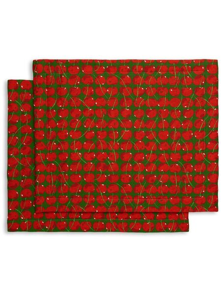  La Doublej Cherries Verde-print Tablemats (set Of 2) - Red 