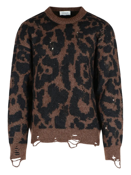  Laneus Leopard-print Frayed-trim Sweater - Brown 