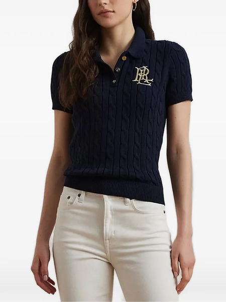  Lauren Ralph Lauren Cable Knit Embroidered Polo Top - Blue 