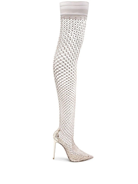  Le Silla Gilda 120mm Rhinestone Fishnet Boots - Gold 
