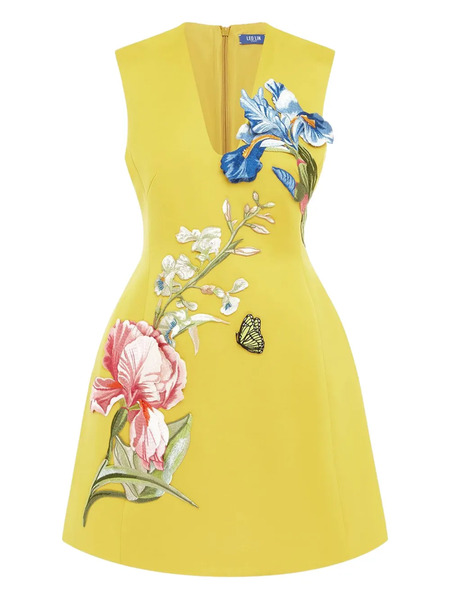  Leo Lin Floral-butterfly Mini Dress - Yellow 