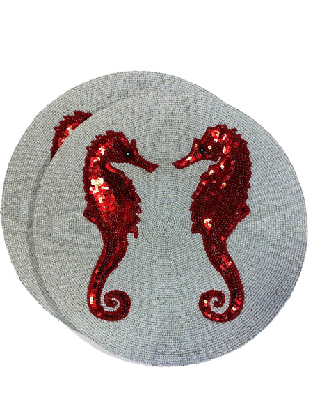  Les-ottomans Seahorse Beaded Placemat (set Of Two) - Grey 