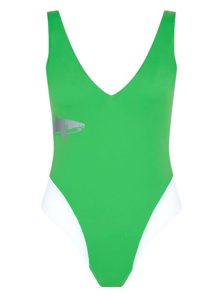  Let's Swim Plunging V-neck Shark-print Swimsuit - Green 