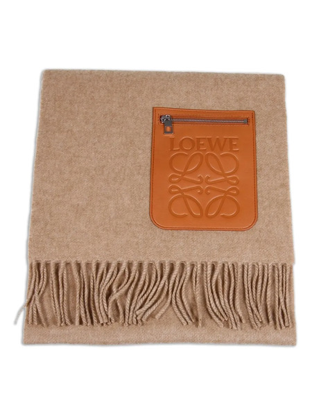  Loewe Leather-patch Fringed Scarf - Neutrals 