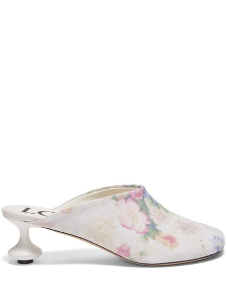  Loewe 45mm Floral Print Calf Leather Mules - White 