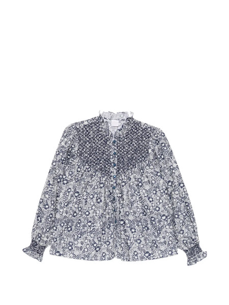  Loretta Caponi Smocked Floral Blouse - Blue 