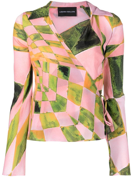  Louisa Ballou Graphic-print Silk-blend Wrap Blouse - Pink 