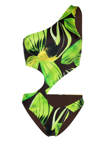  Louisa Ballou Leaf-print One Shoulder Swimsuit - Black 
