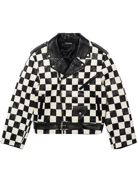  Mainless Check-pattern Biker Jacket - Black 