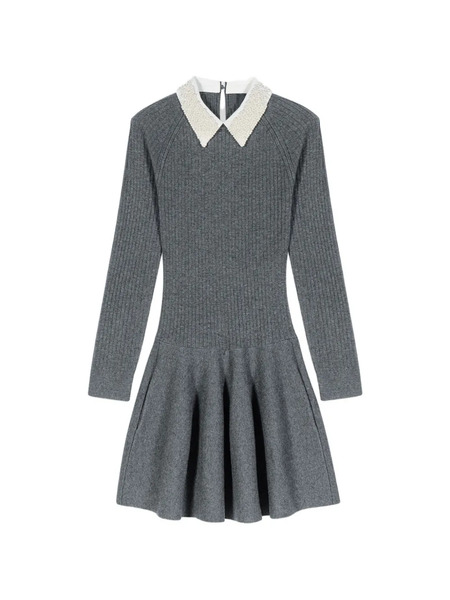  Maje Beaded-collar Ribbed Mini Dress - Grey 