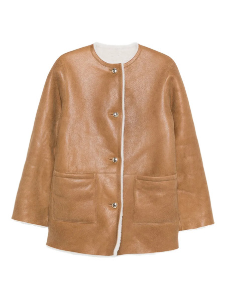  Maje Shearling-trim Leather Coat - Brown 