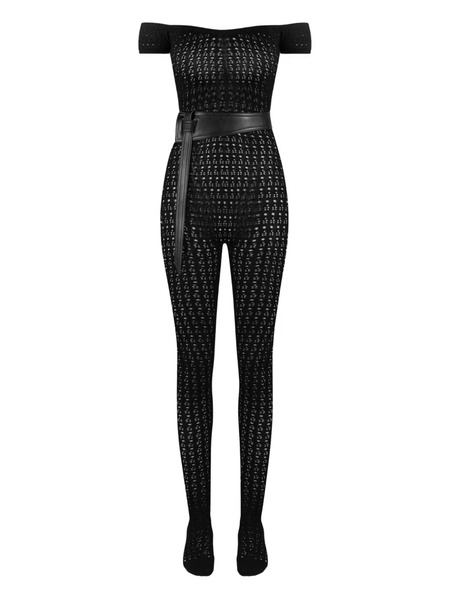  Manière De Voir Martine Pointelle-knit Bardot-neck Belted Jumpsuit - Black 