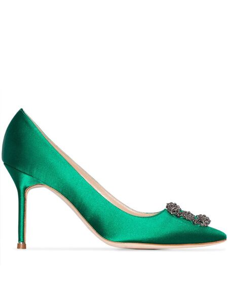 Manolo Blahnik 90mm Hangisi Satin Pumps - Green 