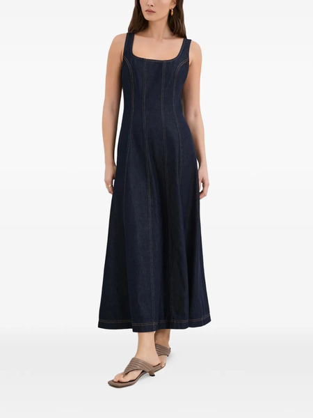  Marcella Melrose Square-neck Topstitching Midi Dress - Blue 