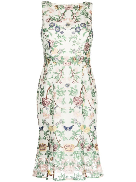  Marchesa Notte Floral-embroidery Boat-neck Midi Dress - Neutrals 