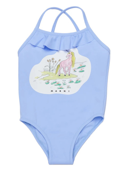  Marni Kids Ruffled Print Swimsuit - Blue 