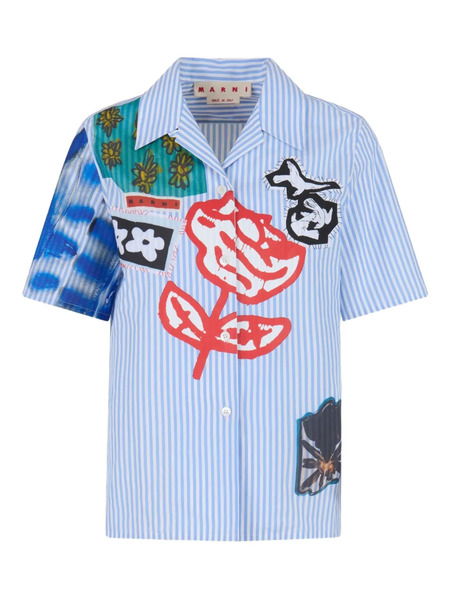  Marni Patchwork Embroidered Short-sleeve Shirt - Blue 