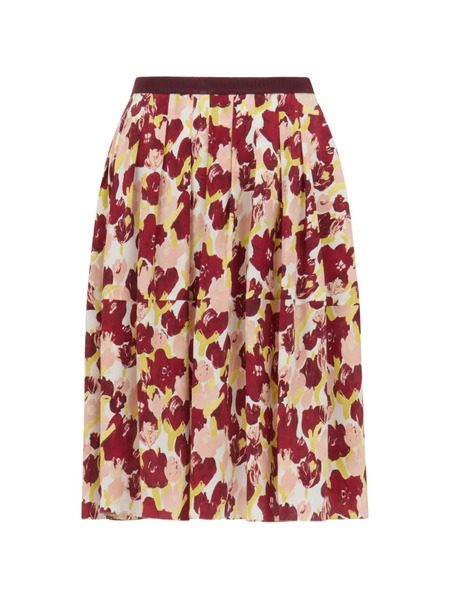  Marni Pleated Floral Silk Skirt - Red 