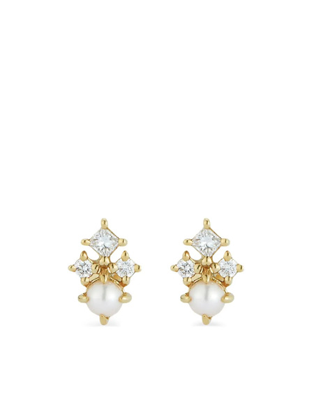  Mateo 14k Yellow Gold The Little Things Tri Diamond Pearl Studs Earrings 