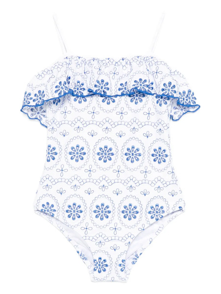  Mc2 Saint Barth Kids Ruffled Embroidered Swimsuit - White 