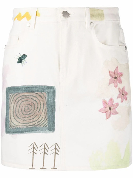  Mcq Floral-print Denim Mini Skirt - White 