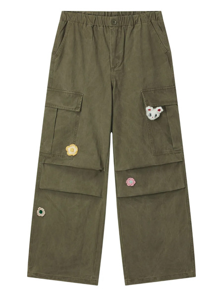  Mini Cream Flower-appliqué Cargo Trousers - Green 