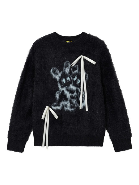  Mini Cream Ribbon-detail Graphic-design Sweater - Black 