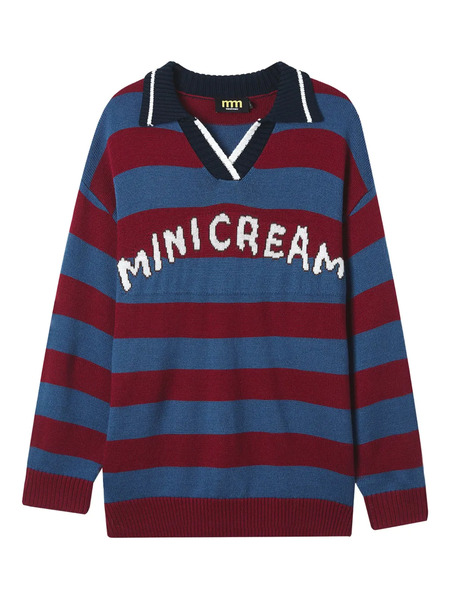  Mini Cream Striped Polo-neck Sweater - Blue 