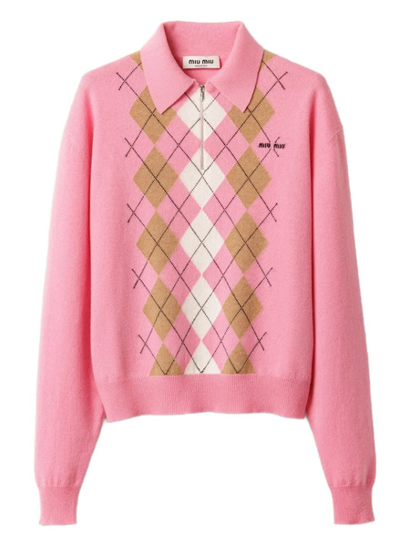  Miu Miu Argyle Intarsia-knit Half-zip Sweater - Pink 