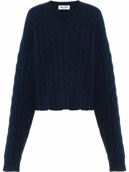  Miu Miu Cable Knit Cashmere V-neck Jumper - Blue 