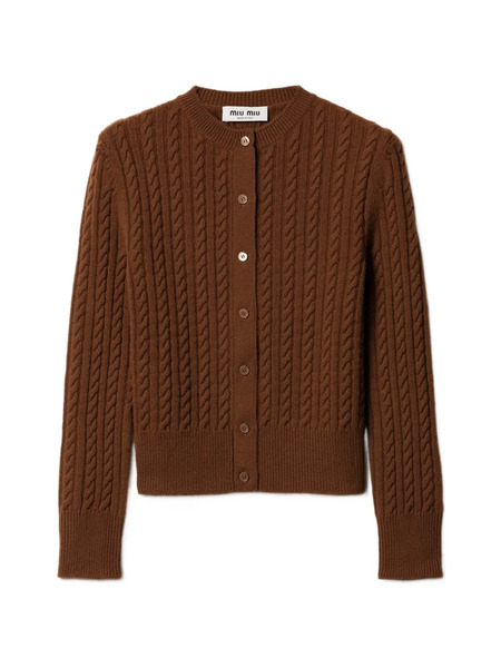  Miu Miu Cable-knit Logo Cardigan - Brown 
