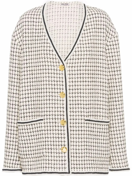  Miu Miu Check Tweed Single-breasted Cardigan - White 