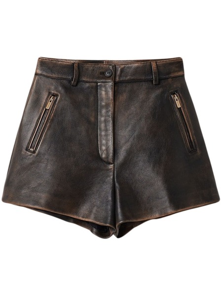  Miu Miu Distressed Leather Mini Shorts - Brown 